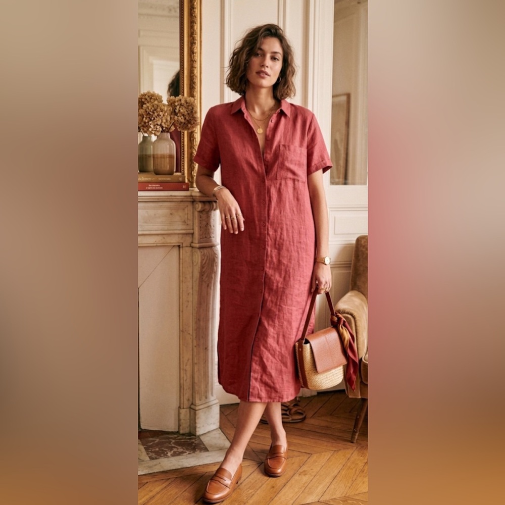$278 Eileen Fisher Geranium Organic Linen Classic Collar Shirt Dress. Size S.